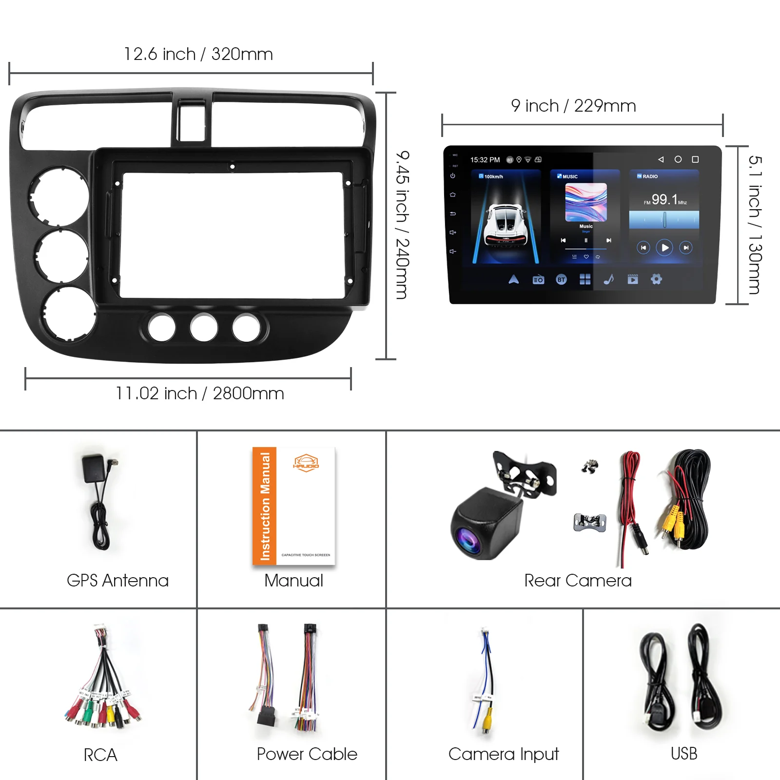 Huadio CVD9661-AJ 9" Double Din Honda Civic Car Stereo - Image 14